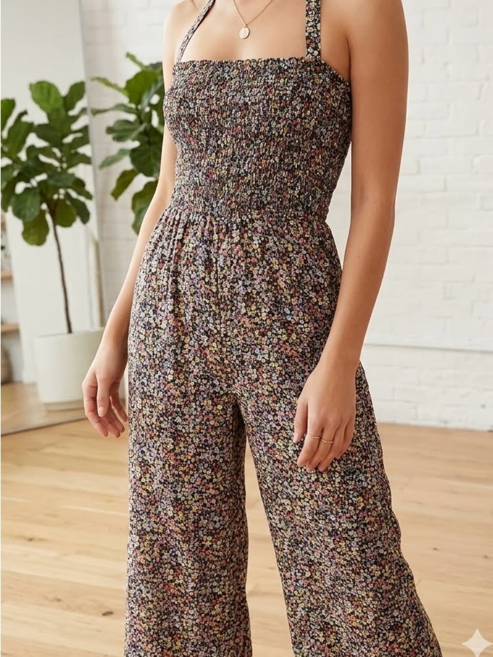LOFT Black Multicolor Floral Smocked Wide-Leg Jumpsuit